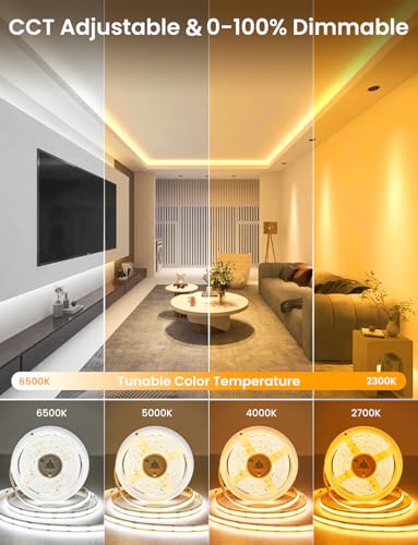 SUNLINKCO COB-CCT Dimmable LED Strip Light 32.8ft, Cuttable, 2300K-6500K, Smart Control