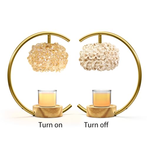 Gold Candle Warmer Lamp with Crystal Handcrafted Shade & Wooden Base - Adjustable Brightness & Timer, for Jar Candles, Home Decor