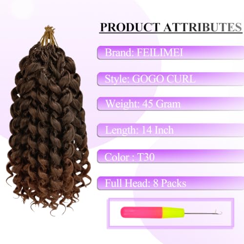FEILIMEI T30 14 Inch GoGo Curl Crochet Hair Deep Wave Pre-Looped Synthetic Braiding Extensions - 8 Packs