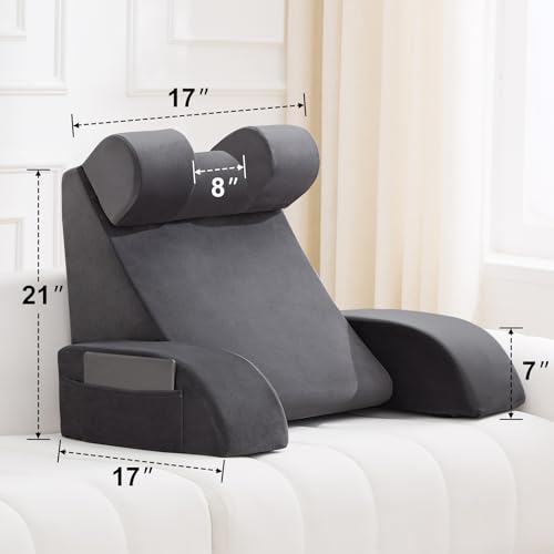 Velorose 21-Inch Large Reading Pillow with Back Support & Pockets - Grey
