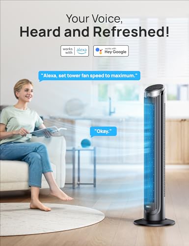 Silver 40-Inch Smart Tower Fan, 90° Oscillating, Quiet Sleep Mode