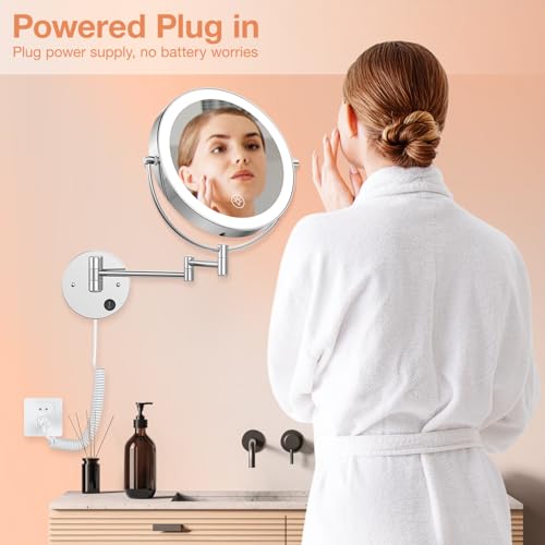 Benbilry 9" Large Wall Mounted Lighted Makeup Mirror, 1X/10X Magnifying 2-Sided AC Plug-in Powered Bathroom Mirror with 3 Color Lights, Touch Dimmable, Extended Arm 360¡Æ Rotation, Chrome