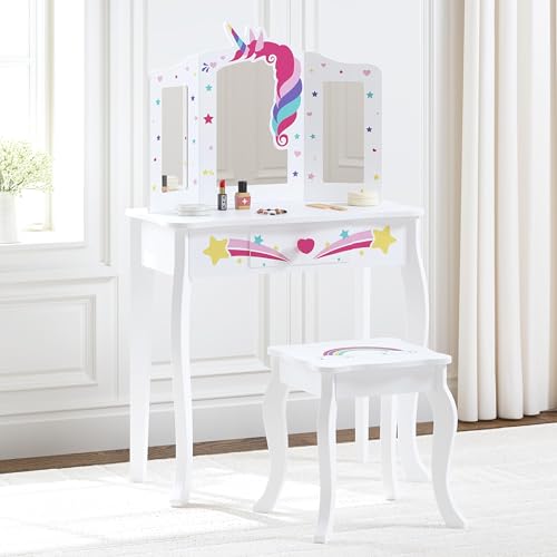 Kids Vanity Set with Unicorn and Rainbow Theme - Includes Mirror & Drawer - Gift for Girls