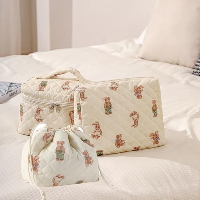 3pcs Large Cotton Quilted Makeup Bag Set,Coquette Aesthetic Cute Travel Toiletry Bag,Drawstring Gift Bag for Women and Girls(3Pcs White Bear)