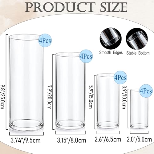 UDU 16 Pack Set of 4-10 Inch Clear Glass Cylinder Vases with Floating Candles for Wedding & Home Decor