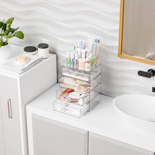 Yieach 4-Drawer Clear Acrylic Makeup Organizer with 5 Tiers for Countertop Storage