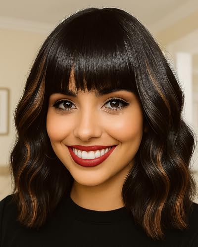 Black Highlights Brown Wig with Bangs - 12-Inch Short Wavy Curly Bob Hair