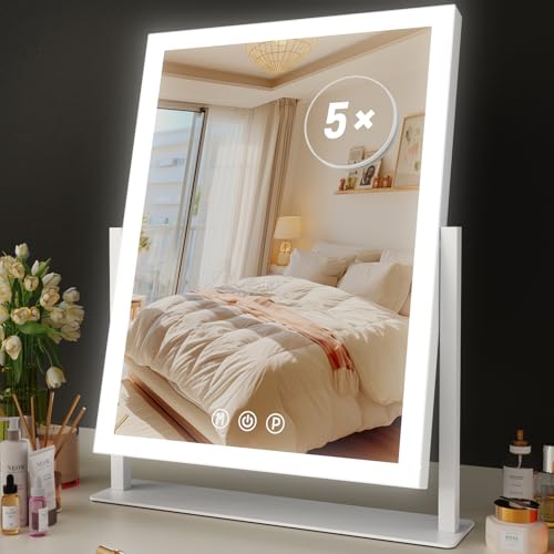 Gvnkvn Lighted Makeup Mirror 17.2 x 13.6 in with 5X Magnifier, Adjustable Brightness & 3 Color Modes, White Variation