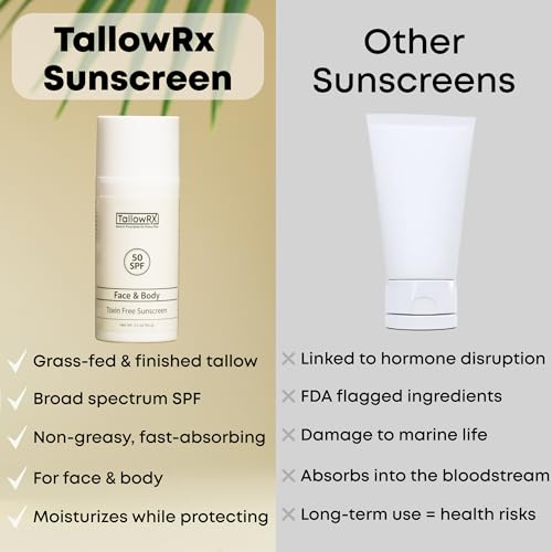 Tallow Sunscreen SPF 50 Mineral Sunblock with Zinc & Red Raspberry - Reef Safe, Non-Toxic, 3.4 oz
