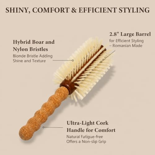 Boar Bristle Round Hair Brush for Blowouts - Large 2.8 Inch Barrel with Cleaner - Blonde Boar & Nylon Bristles - Smooth Blowout Variation of THIS listing