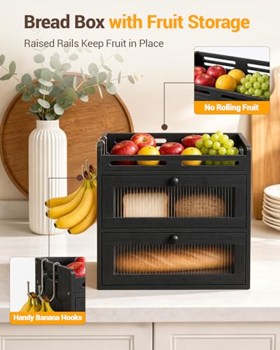 Black 2-Tier Bamboo Bread Box for Kitchen Countertop with Clear Doors