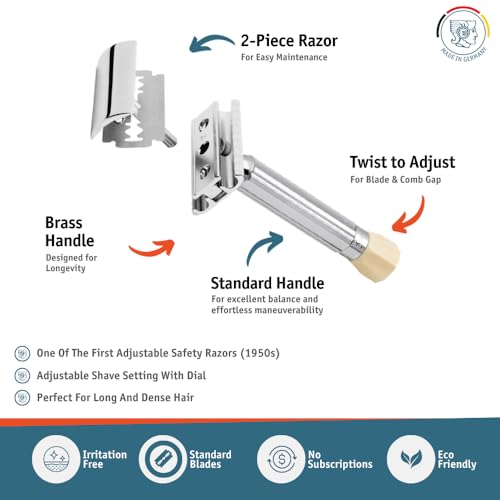 MERKUR Progress 500MK-500001 Adjustable Double Edge Safety Razor - German Craftsmanship, Plastic-Free Handle, Dial Control