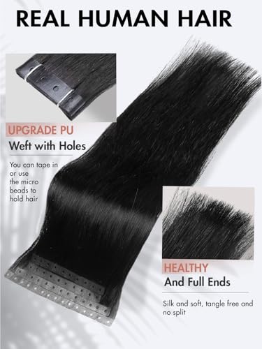 Black 18 Inch Human Hair Extensions Micro Ring PU Tape-In Beaded Weft - 4Pcs 35g