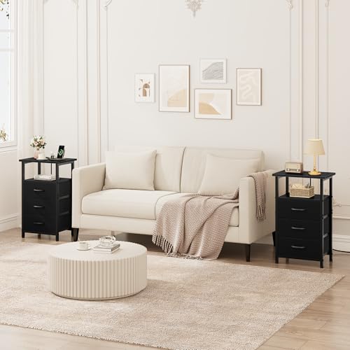 Nightstand Set of 2 with Charging Station - Bedside Table with USB Ports, Outlet & 3 Fabric Drawers (Black) (2 Pieces)
