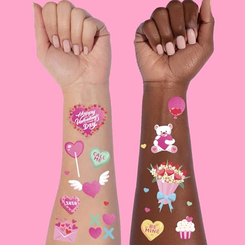 Valentine's Day Temporary Tattoos 68 Styles V-Day Hot Pink Foil Tattoos Galentines Day Decoration Be Mine Party Favor Valentines Candy Heart Supplies Classroom Exchange Prizes