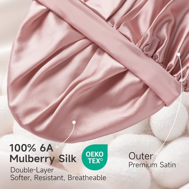 2 Pack 22 Momme 100% Real Mulberry Silk Bonnet for Sleeping Women Pink and Black + Purple