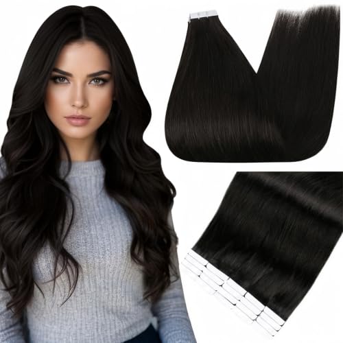Fshine Natural Black Tape-In Hair Extensions 18 Inch #1B Remy Human Hair