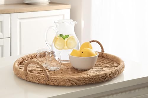 Kate and Laurel 22.4-Inch Natural Woven Rattan Serving Tray with Handles - Boho Style