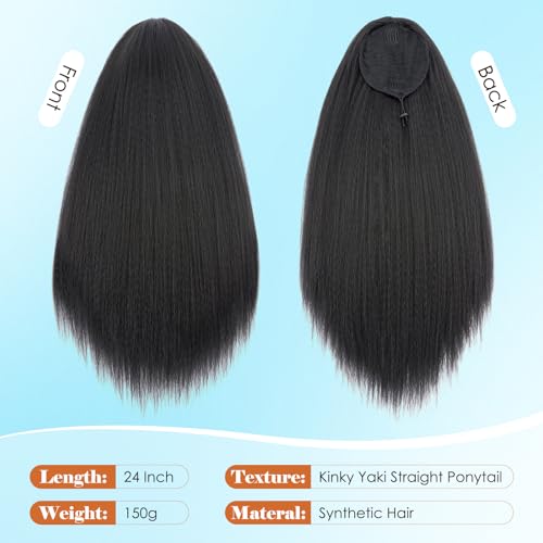 S-noilite 24 Inch Long Yaki Straight Ponytail Extension for Black Women Natural Black