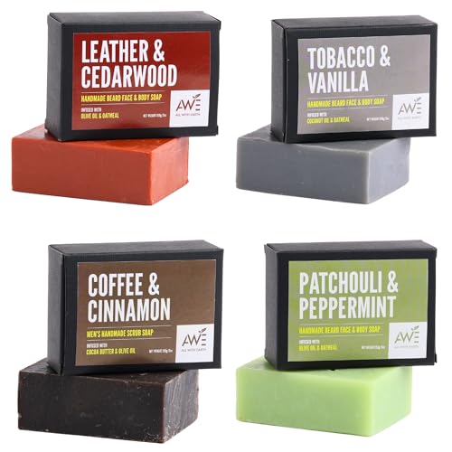 Men¡¯s Moisturizing Scrub Soap Set of 4 Handmade Natural Bars Rugged Masculine Scents Deep Cleanse Hydrate Nourish Face Beard Body (Option 2)