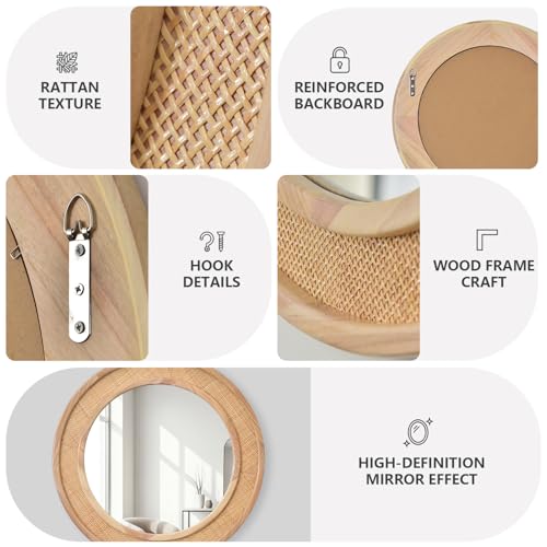 Nature 24 Inch Round Rattan Wall Mirror Farmhouse Wooden Vanity Mirror