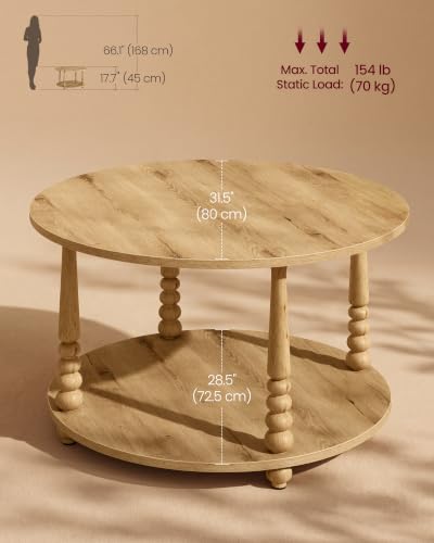 VASAGLE Natural Brown 2-Tier Round Coffee Table with Storage & Wooden Legs