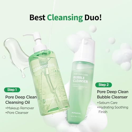 PONGDANG Pore Deep Clean Double Cleansing Duo: Cleansing Oil & Bubble Cleanser Set, Sebum Care, Makeup and Blackhead Remover | Korean Skin Care