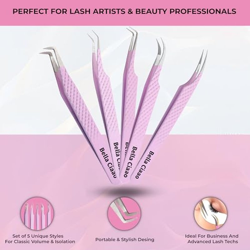 Bella Ciaao Lash Tweezers Pack of 5 ? Eyelash Extension Tweezers Set for Professionals