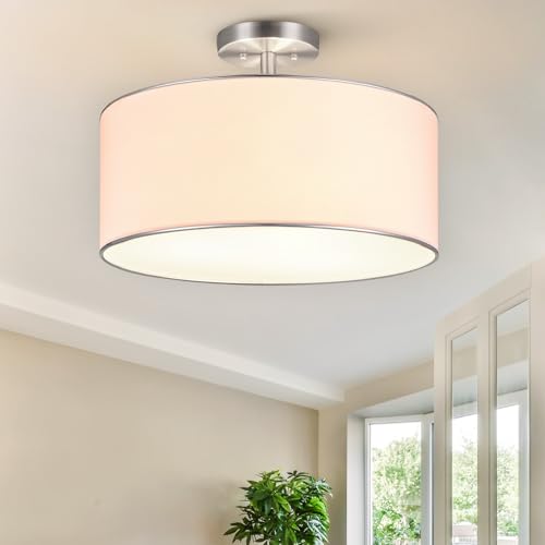 Semi Flush Mount Ceiling Light - 18 Inch Drum Fixture with Nickel Finish - 3 Lights