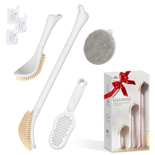 White Foot Scrubber Set with Foot File & Silicone Loofah - 3PCS Adjustable Handle, Gift Box - White Kit03