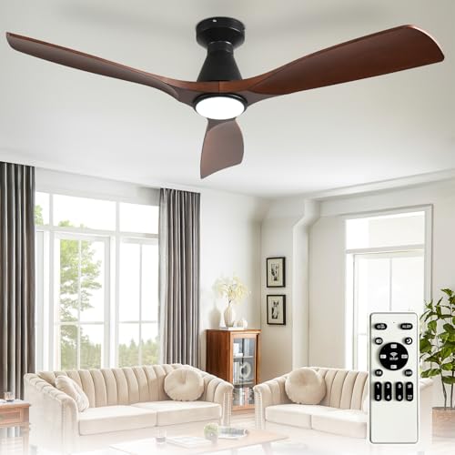 Depuley 52-Inch Walnut Flush Mount Ceiling Fan with Lights & Remote - Low Profile Indoor Outdoor