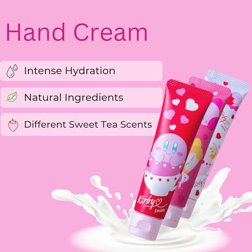 Kirby 6EA Cute Hand Cream for Women & Girls, Mini Hand Cream for Dry Cracked Hands with Sunflower, Rose& Camellia, Small Hand Lotion for Dry Hands Made in Japan, Black Tea+ Peach Tea+ Milk Tea