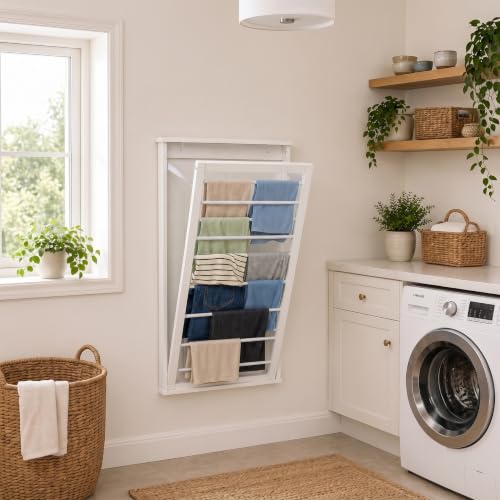 Wall-Mount Wooden Clothes Drying Rack 30 lb Capacity White Space-Saving