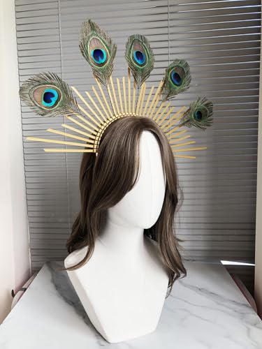 Peacock Feather Gold Halo Crown Headband with Earrings - Bridal Festival Cosplay