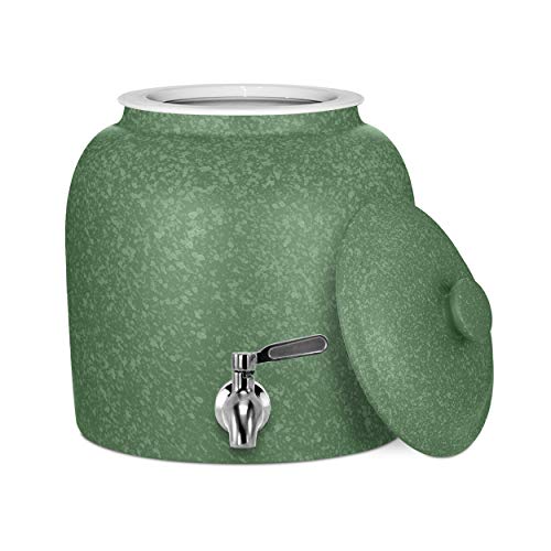 Porcelain Water Dispenser with Stainless Steel Faucet - Green Speckled Crock, Lid & Valve Included