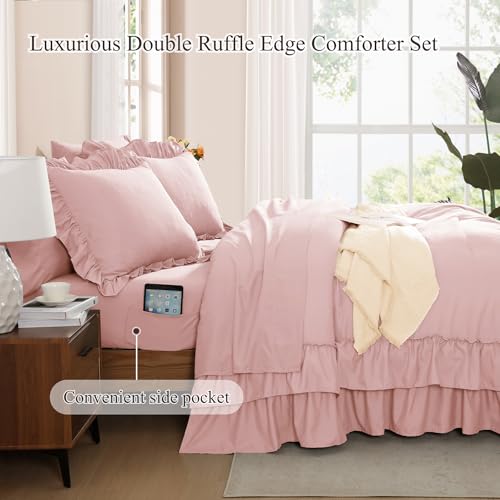 Full Size Pink Ruffle Comforter Set - Farmhouse Bed in a Bag, 7 Pieces, Soft & Cozy - Variation: Soft Pink / Full