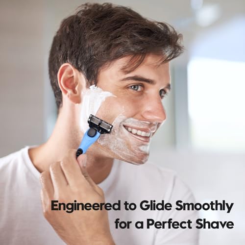 6-Blade Men's Razor with Dual Lubrication, Shaving Kit for Men, 10 Piece Set, 1 Handle & 9 Refill Cartridges, Smooth Comfortable Shave (Blue)