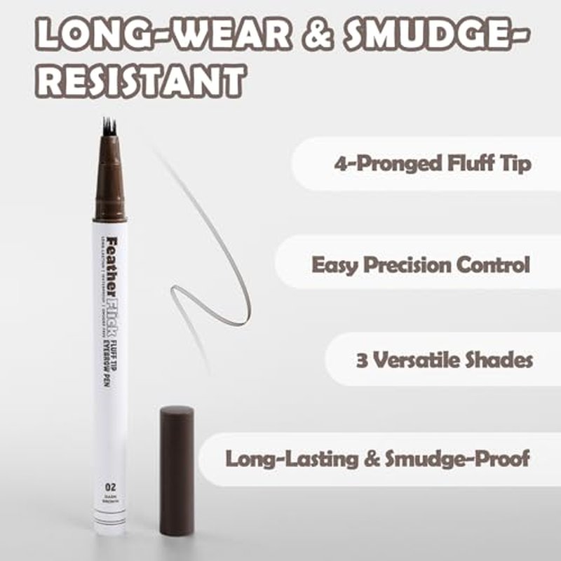 Feather Flick Fluff Tip Eyebrow Pen Natural Hair Like Brow Strokes Angled Multi Tip Precision Brow Pen for Sparse Brows Long Lasting Smudge Resistant (DARK BROWN, 0.018 fl oz. / 0.55 ml£¨pack of 1£©)
