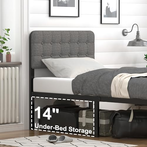 Twin XL Bed Frame with Upholstered Headboard and Metal Footboard - Heavy Duty, No Box Spring Needed, Easy Assembly