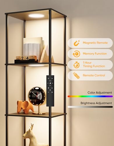 Black Display Shelf Floor Lamp with RGBW Color Changing Light and Shelves