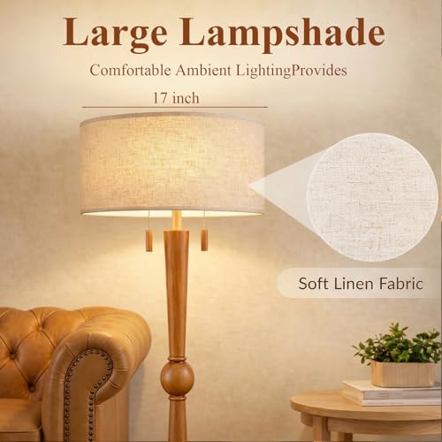 Solid Oak Wood Floor Lamp with Sphere Detail & Wooden Pull Chains - Amber Walnut