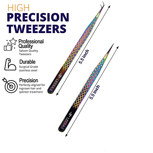 Eyelash Extension Tweezers Fiber Tip (Anti ? Slip) Set of 2 pieces straight & curved with Diamond Grip, Rainbow Colour,14cm, volume Tweezers, Lash Extension Precision tweezers. (Multi)
