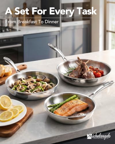 Michelangelo 3-Pack Tri-Ply Stainless Steel Frying Pan Set 8/9.5/11 Inch - Fully Clad, Oven Safe, No Coating
