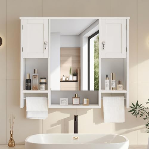Large Bathroom Wall Cabinet with Mirror & Towel Bars, Storage Shelf, White