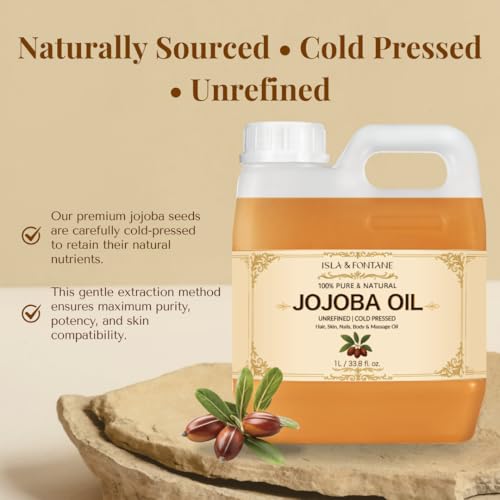 ISLA & FONTANE Jojoba Oil ? 1L (33.8 fl oz) | 100% Pure & Natural | Golden, Unrefined, Cold Pressed | Hexane-Free Carrier Oil for Skin, Hair, Face, Nails & Body Moisturizing
