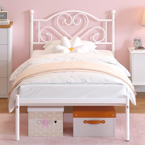 White Twin Bed Frame with Heart Headboard - Heavy Duty Metal Platform for Kids & Teens