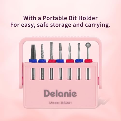 Delanie Professional Nail Drill Bit Set, 7 Pieces with Holder, Carbide and Diamond Bits, Model BS001