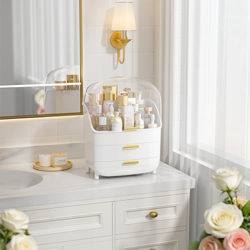 Vtopmart 3-Tier White Makeup & Skincare Organizer with Drawer & Dustproof Lid