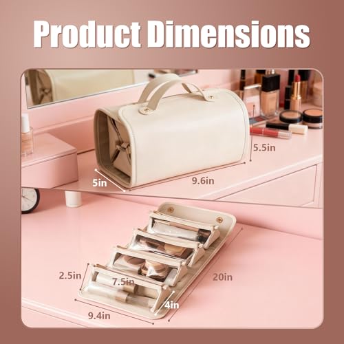White Expandable Waterproof Makeup Bag Set with Cosmetic Pouch & Brush Holder