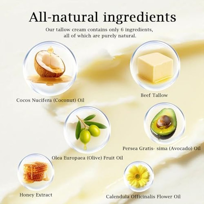 100% Grass Fed Whipped Beef Tallow Balm, Ultra Moisturizing Skin Cream for Face, Body Hands, Natural Skincare with Honey Coconut Oil Olive Oil and Avocado Oil for All Skin